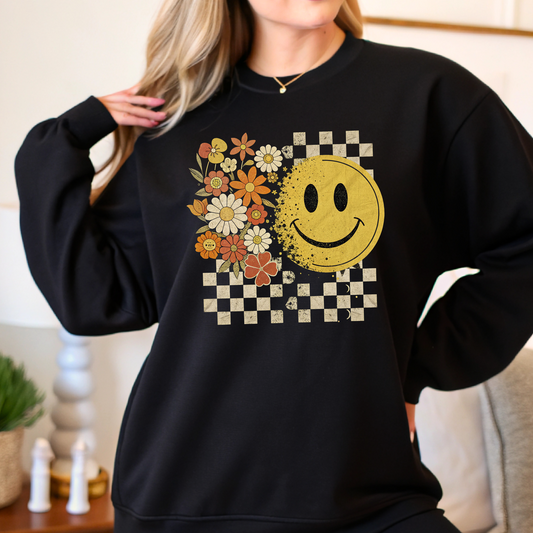Retro Smiley Face Fall Sweatshirt – Checkerboard Floral Pullover