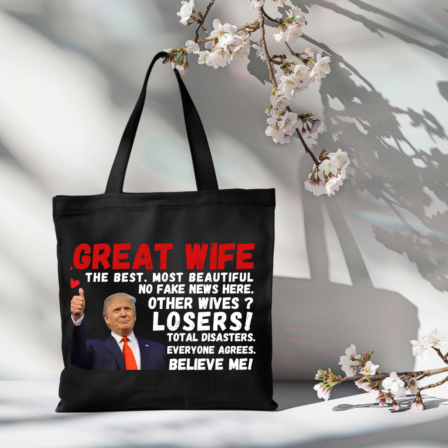 Humorous tote bag gift for wives with bold red lettering