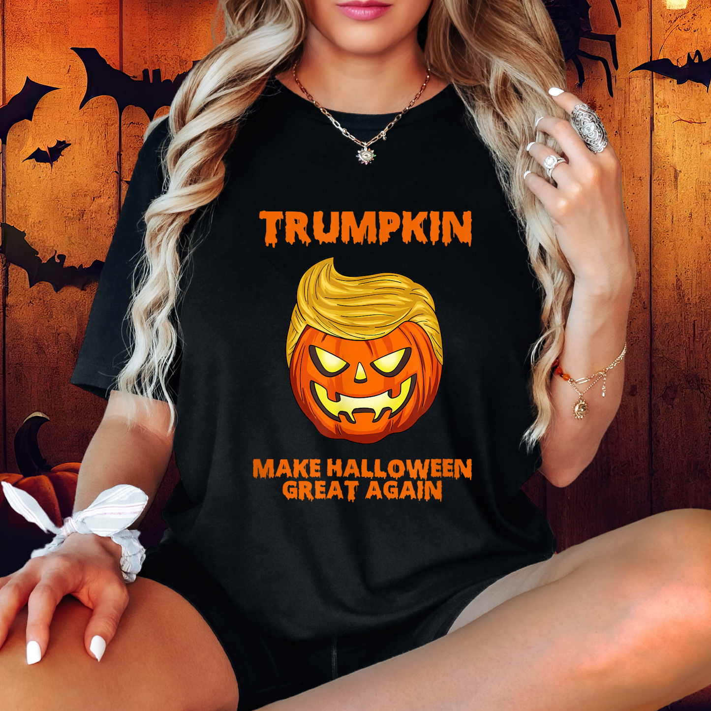 Women’s Trumpkin Halloween shirt – black pumpkin graphic tee
