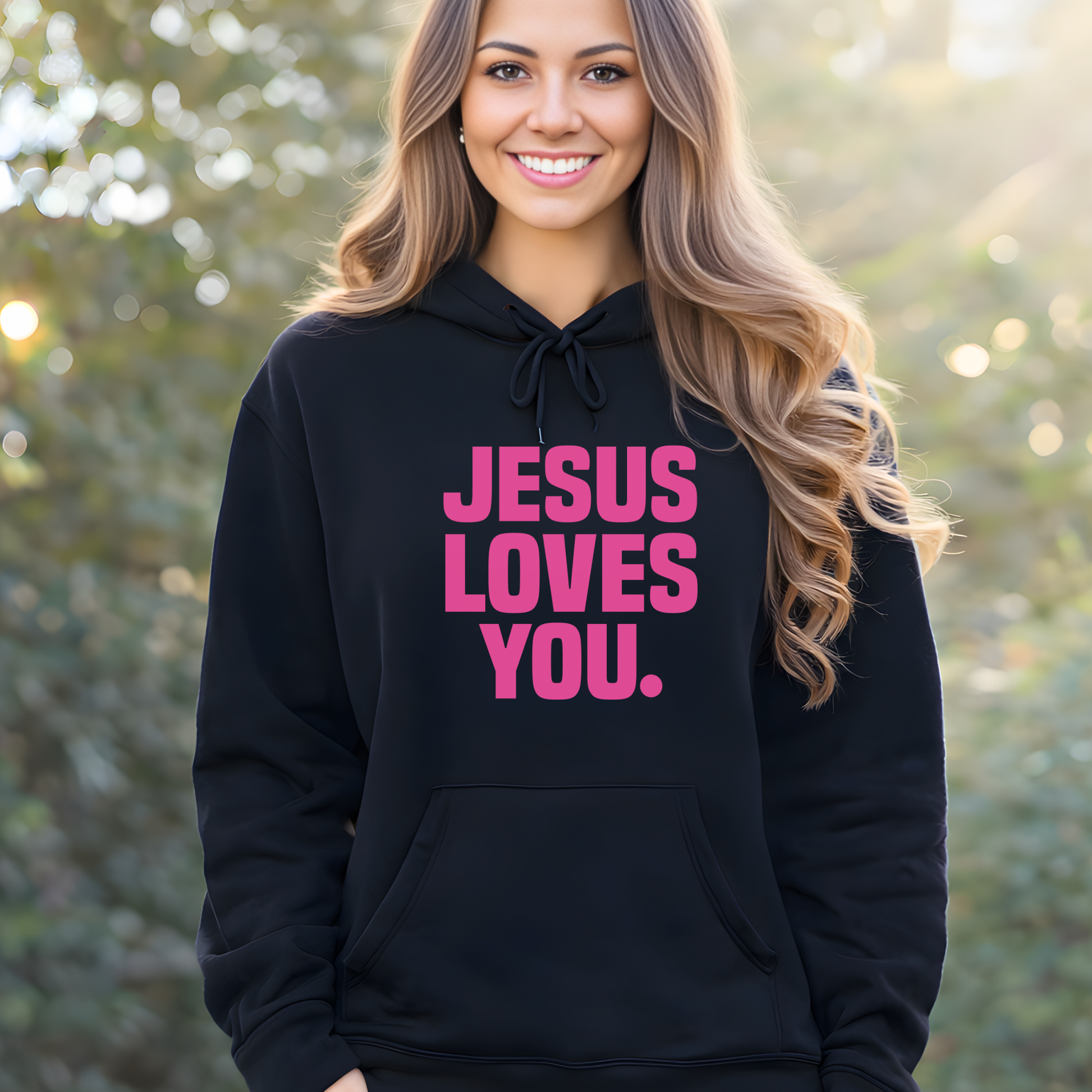 Black Jesus Loves You faith hoodie outdoor model