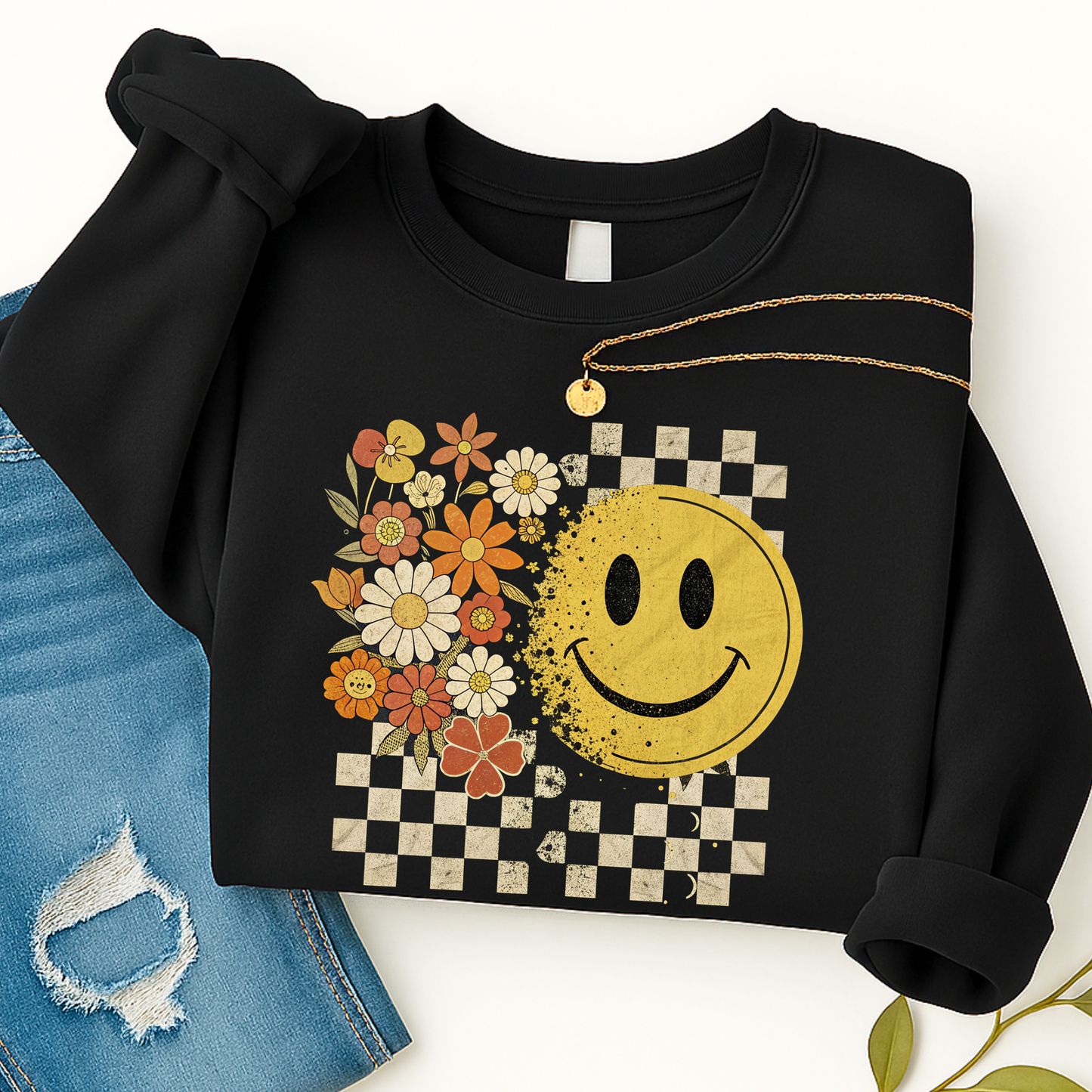Retro Smiley Face Fall Sweatshirt – Checkerboard Floral Pullover