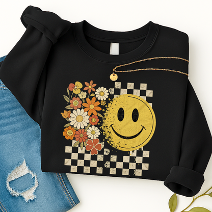 Retro Smiley Face Fall Sweatshirt – Checkerboard Floral Pullover