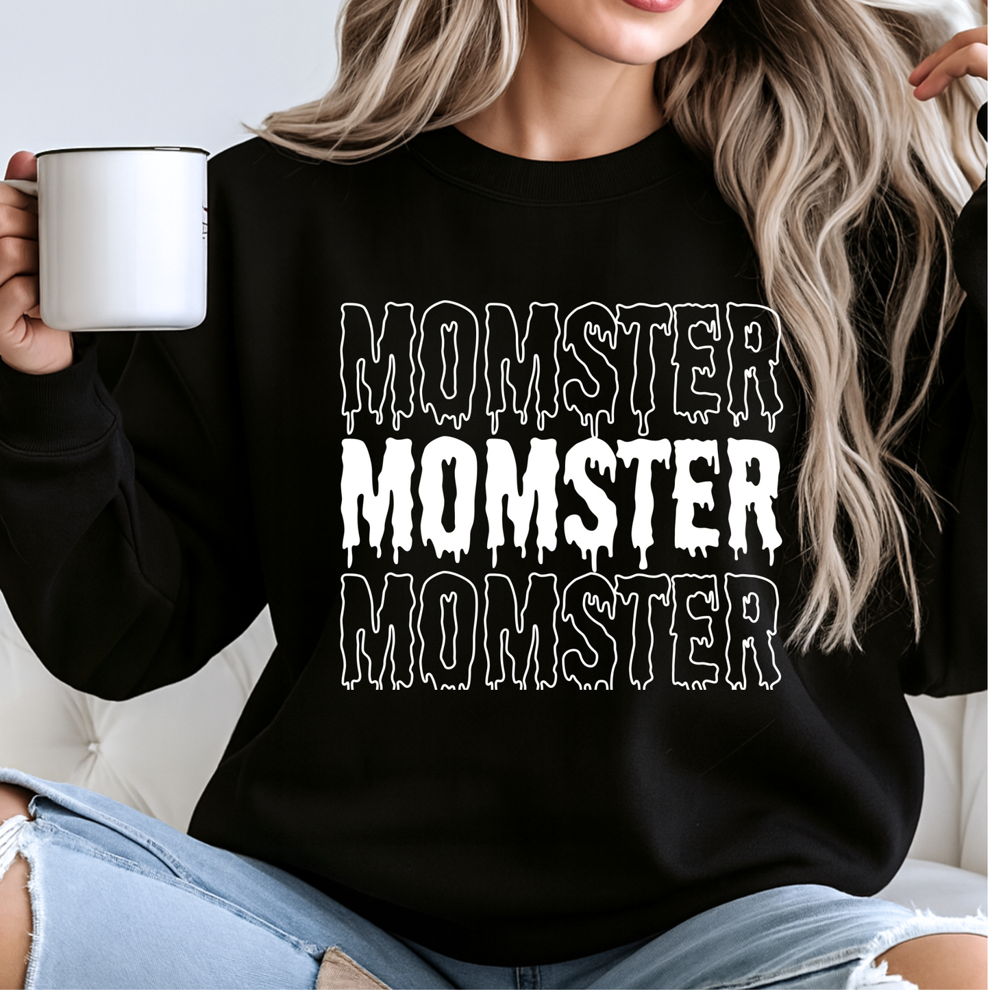 Woman wearing a Black Momster Sweatshirt – Funny Halloween graphic sweater for women