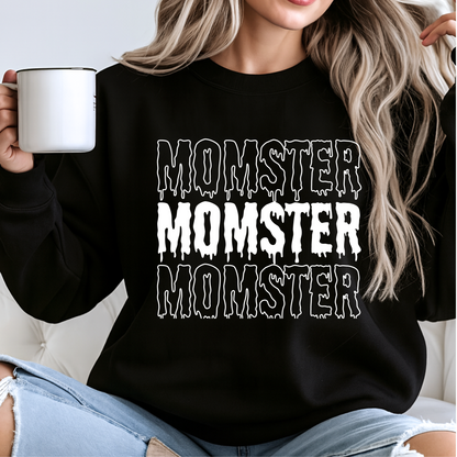 Woman wearing a Black Momster Sweatshirt – Funny Halloween graphic sweater for women