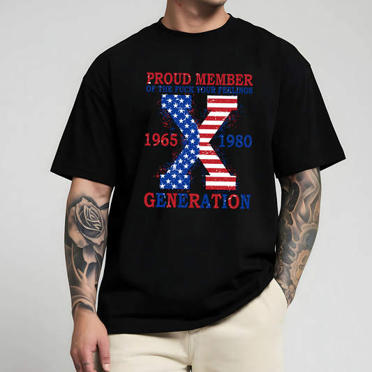 Black Patriotic Generation X shirt with American flag X design, White tee for men.