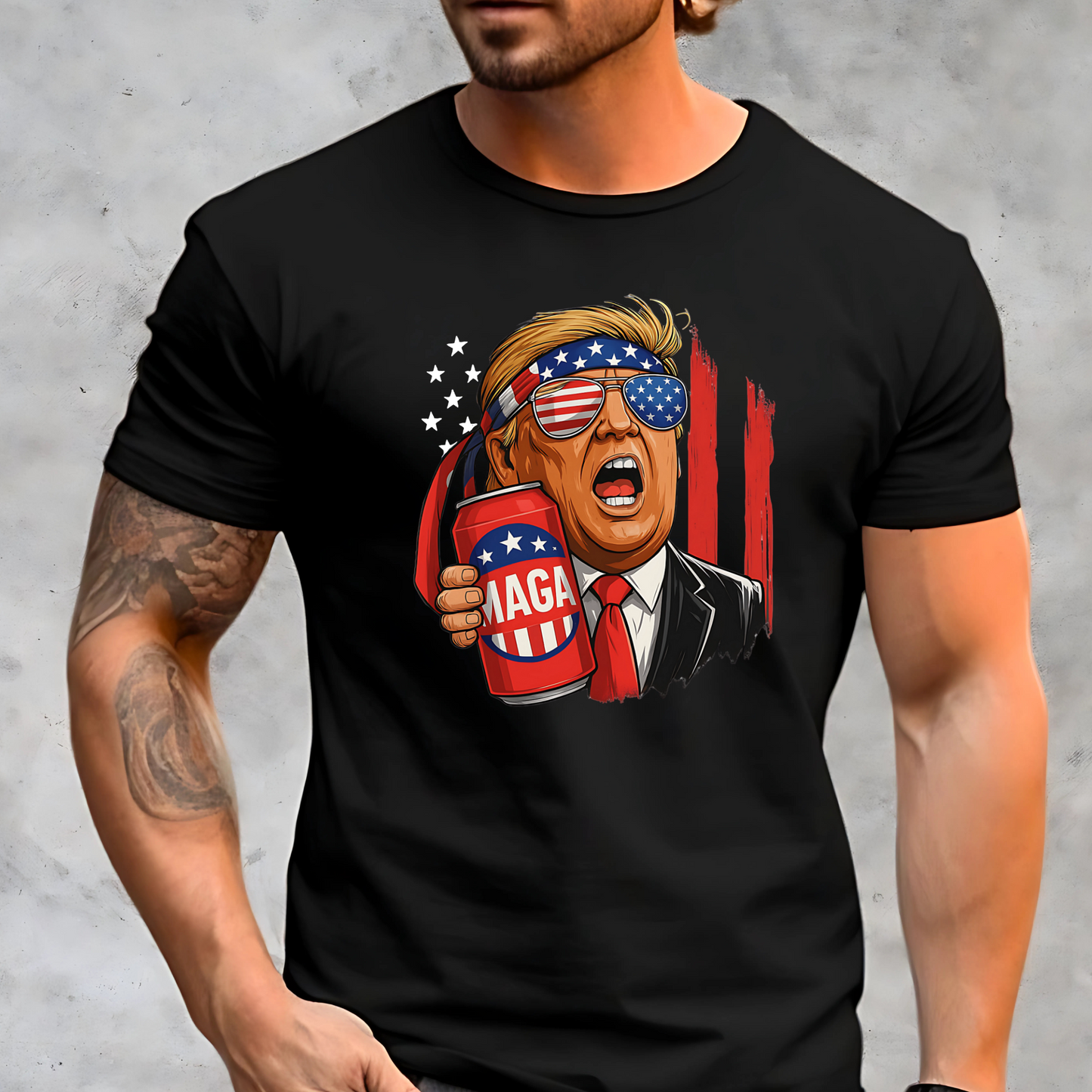 Patriotic Trump "MAGA Beer" cartoon shirt on black tee, American flag sunglasses, red white and blue beer can, ideal for conservative men and July 4th.