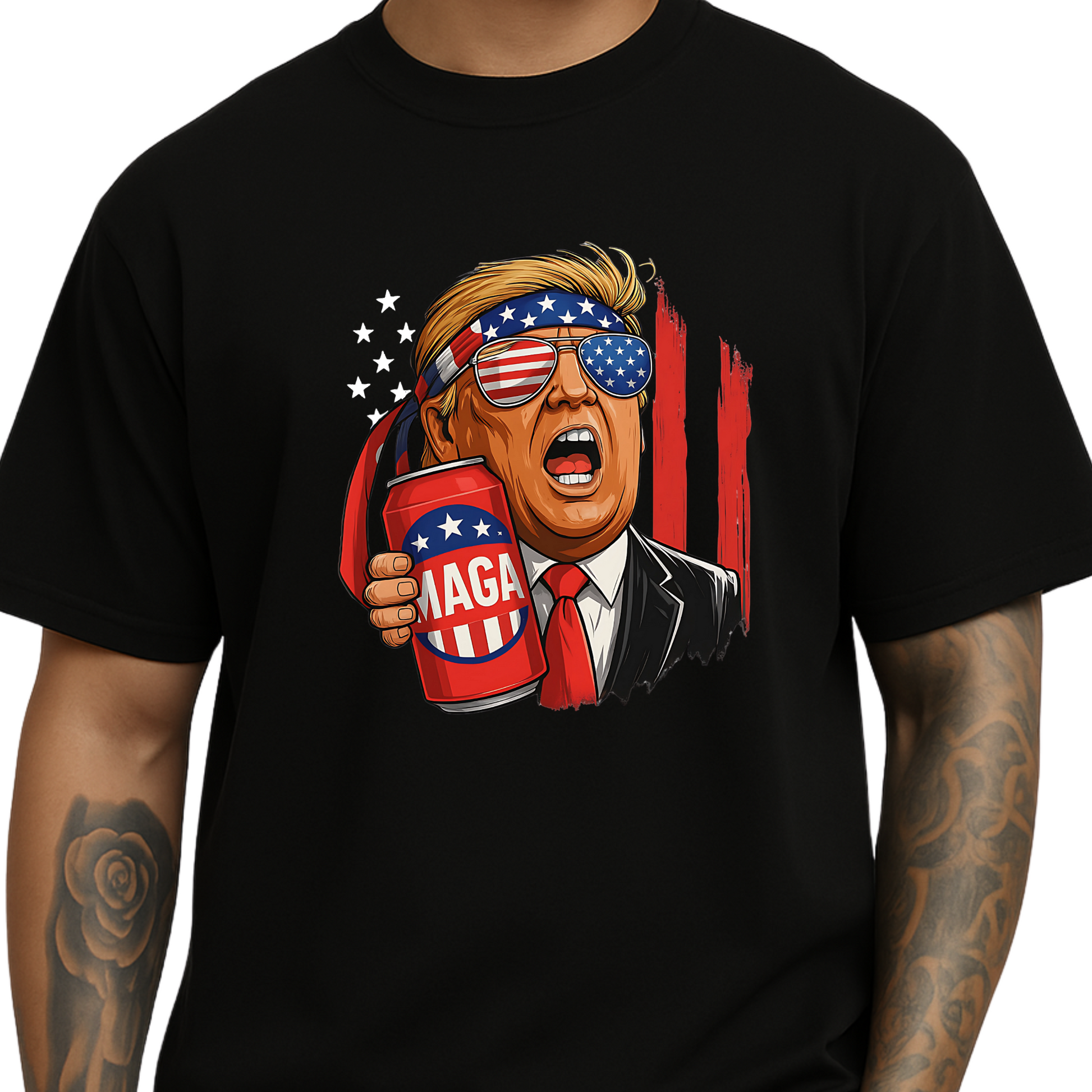 Men’s relaxed black shirt with a bold Trump cartoon graphic, MAGA beer can, and patriotic American flag elements. A great political or freedom-themed tee.