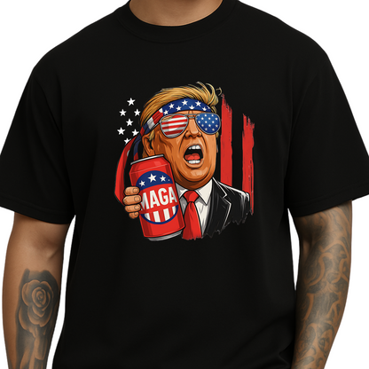 Men’s relaxed black shirt with a bold Trump cartoon graphic, MAGA beer can, and patriotic American flag elements. A great political or freedom-themed tee.