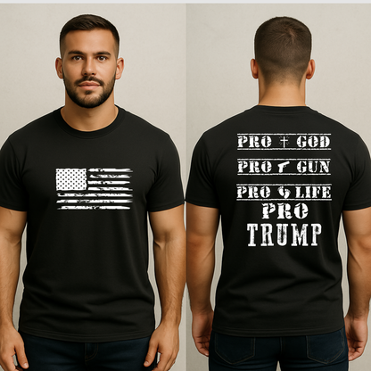 Black T-shirt with white distressed American flag front and pro-values back design