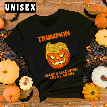 Black T-shirt with 'TRUMPKIN MAKE HALLOWEEN GREAT AGAIN' text and a pumpkin design resembling Donald Trump
