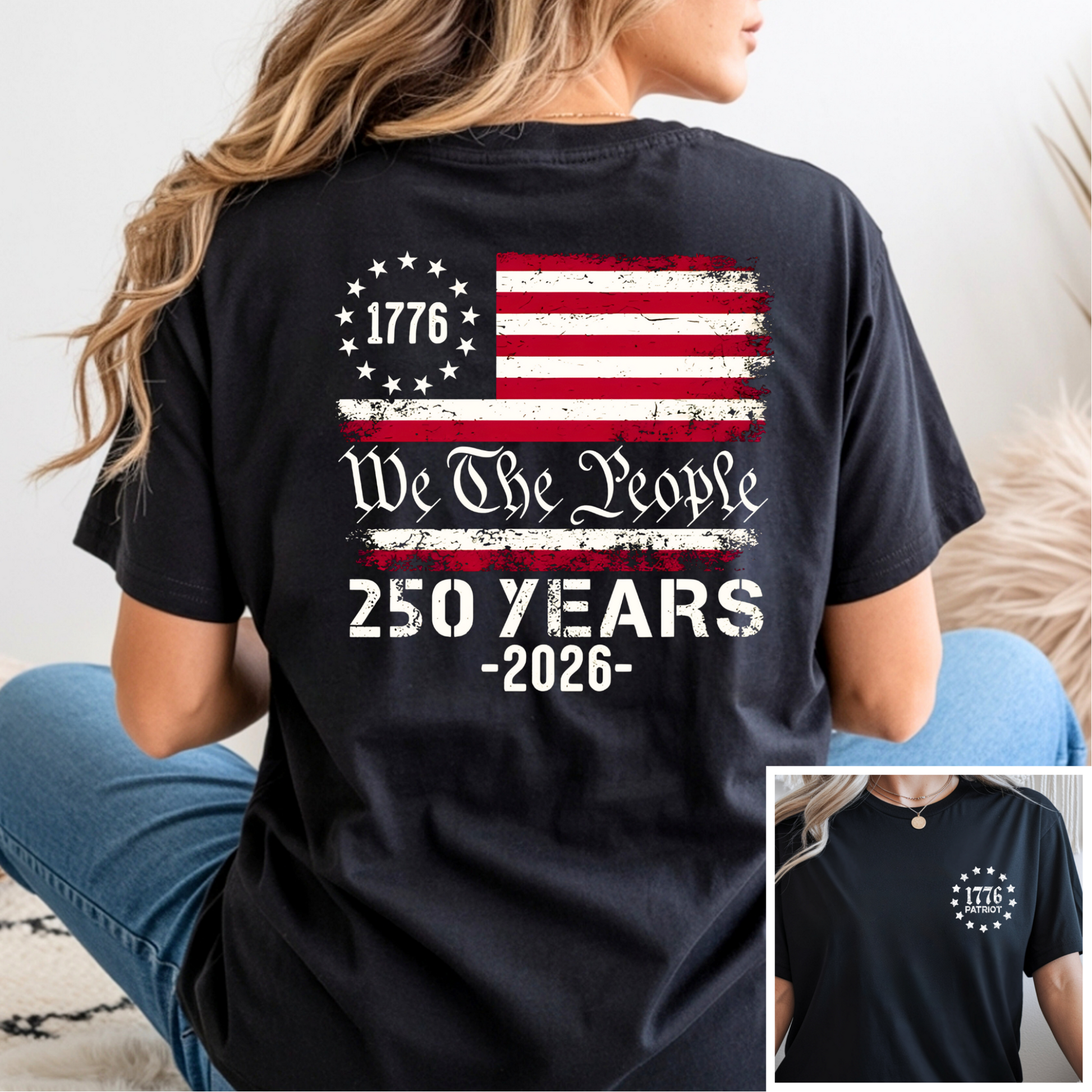 Black We The People 250 Years patriotic t-shirt back view with distressed American flag