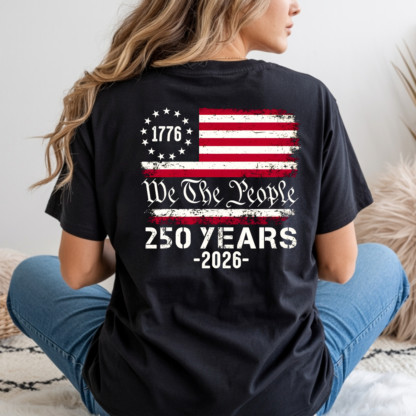 Black We The People 250 Years patriotic t-shirt back view with distressed American flag