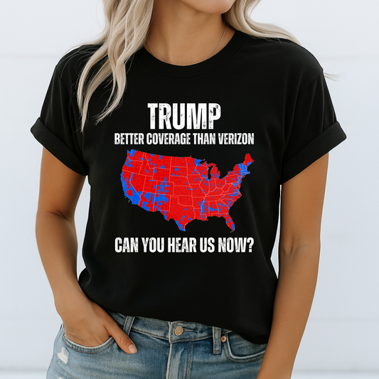 Woman wearing a black patriotic T-shirt with red and blue USA map graphic and bold text design.