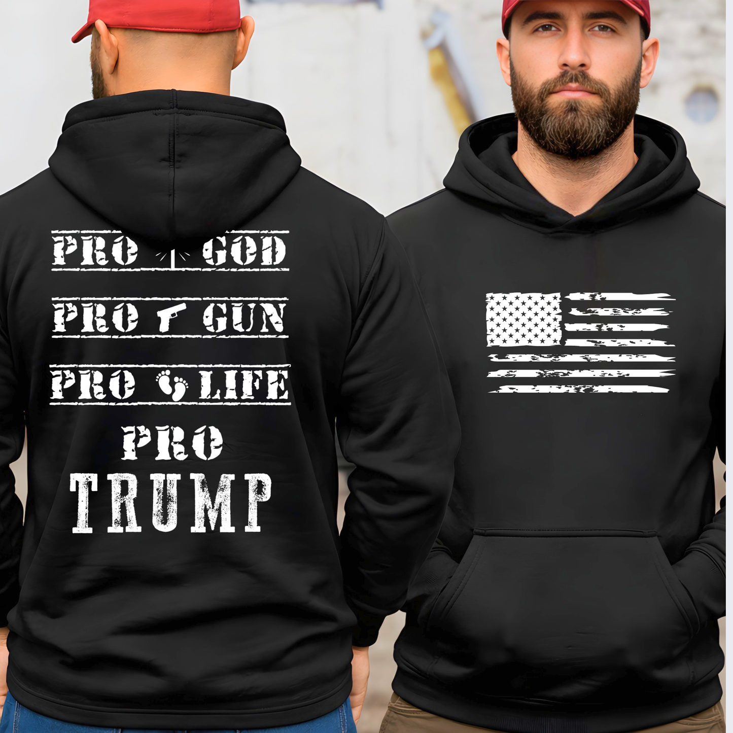 Black hoodie with American Valies Text and American flag design, worn by a person.
