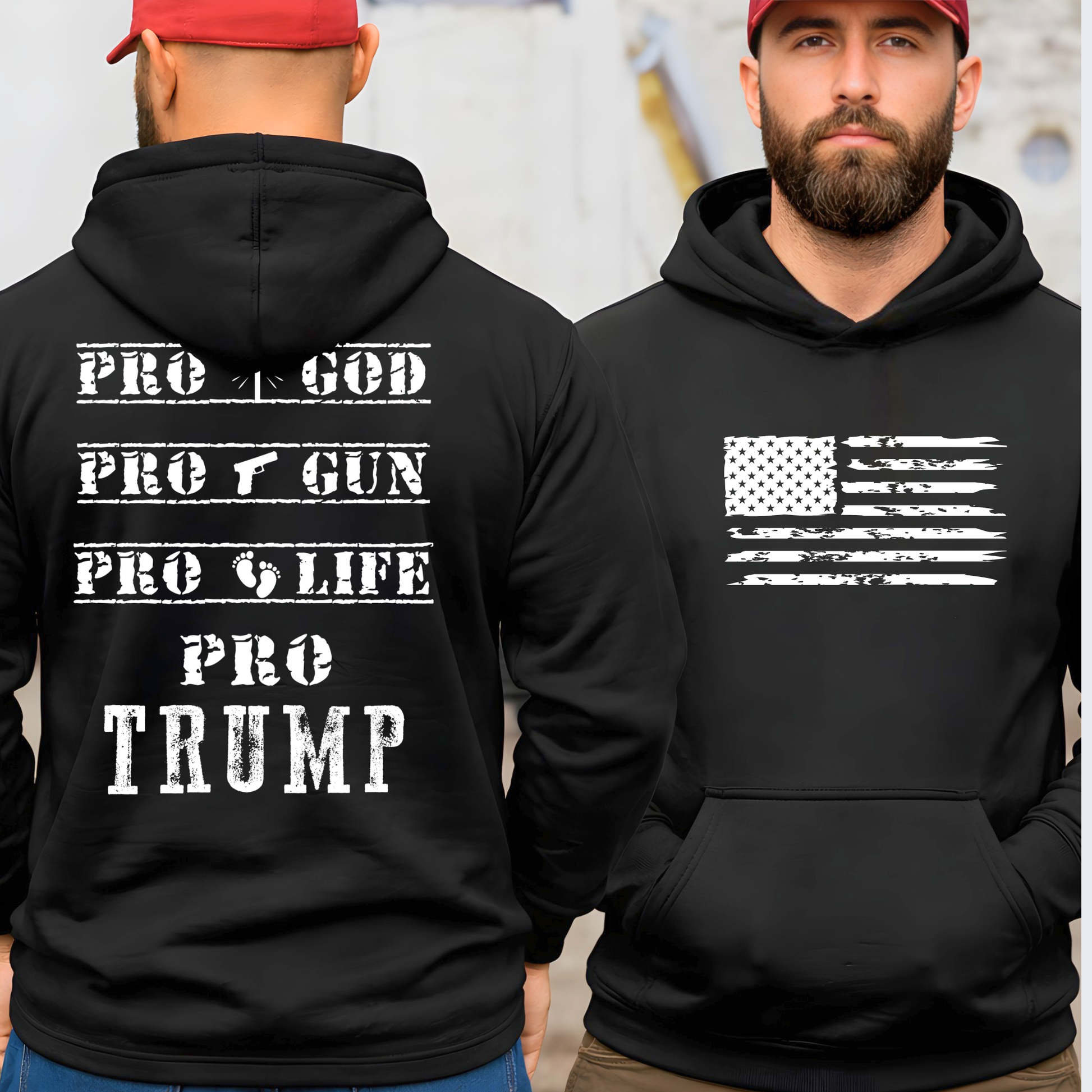 Black hoodie with American Valies Text and American flag design, worn by a person.