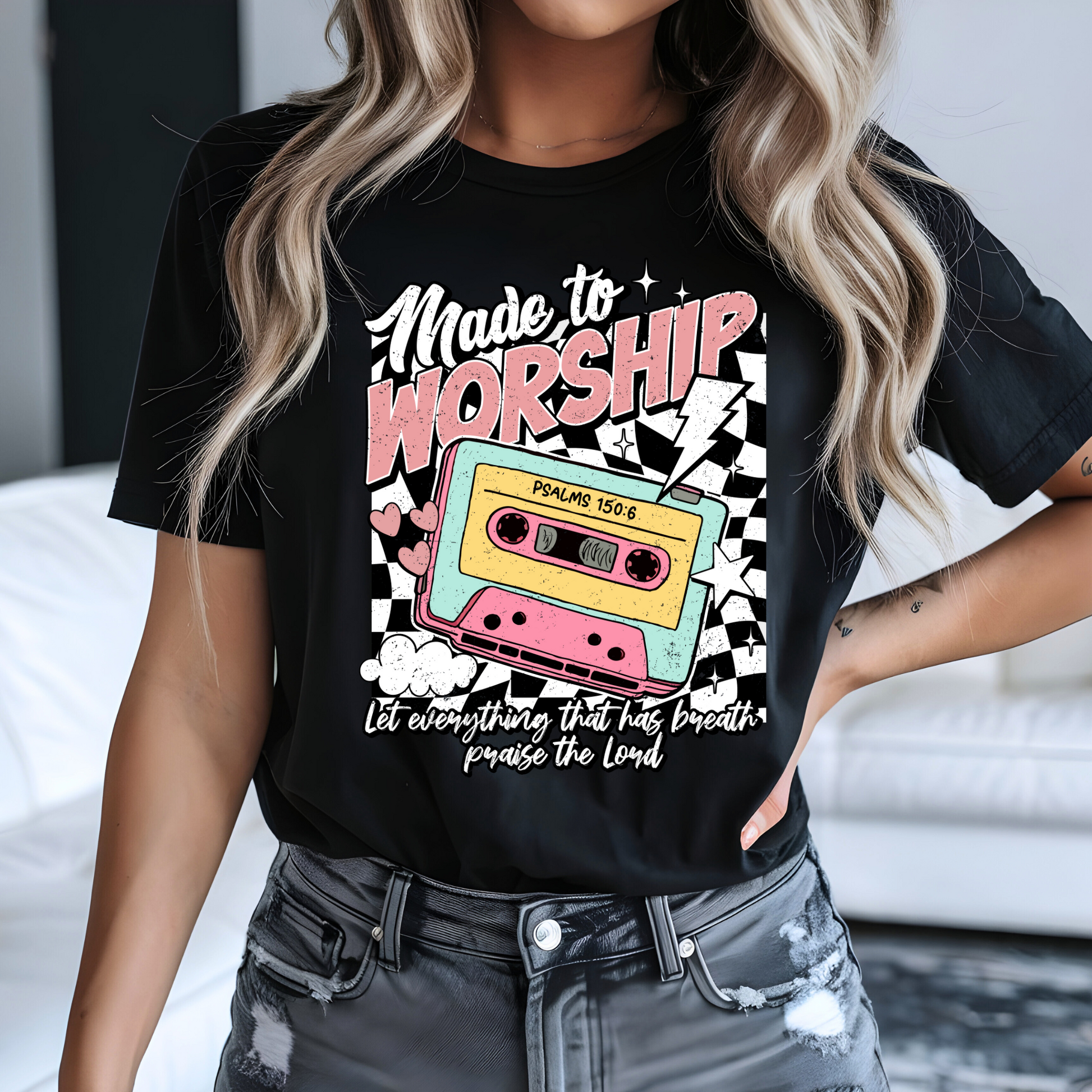 Black cassette-inspired music t-shirt with colorful design