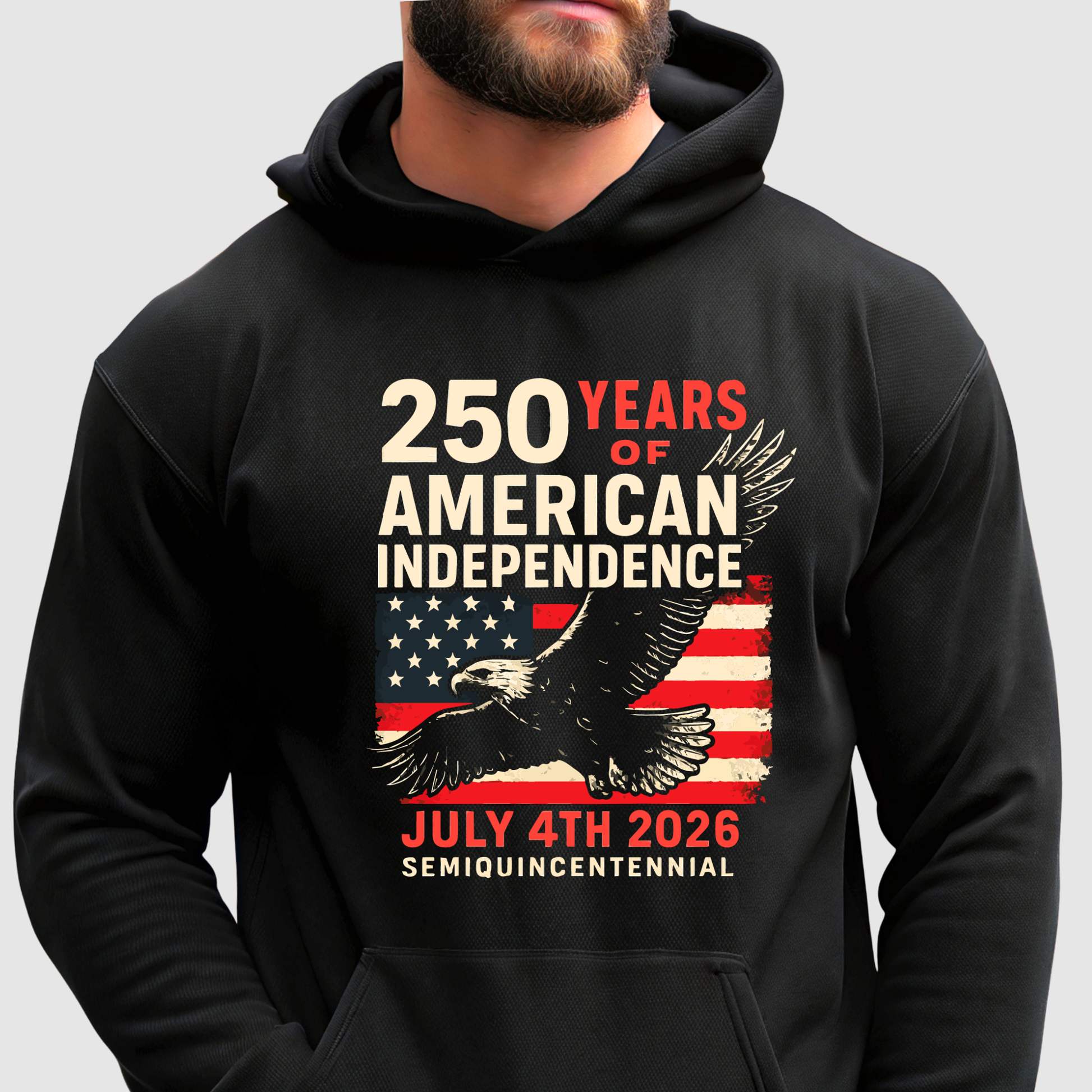 Black hoodie worn by man with 250 Years of American Independence patriotic eagle and American flag design