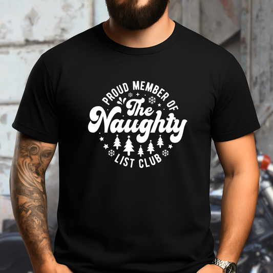Black men’s T-shirt with white “Proud Member of the Naughty List Club” design – Christmas T-shirt for men.