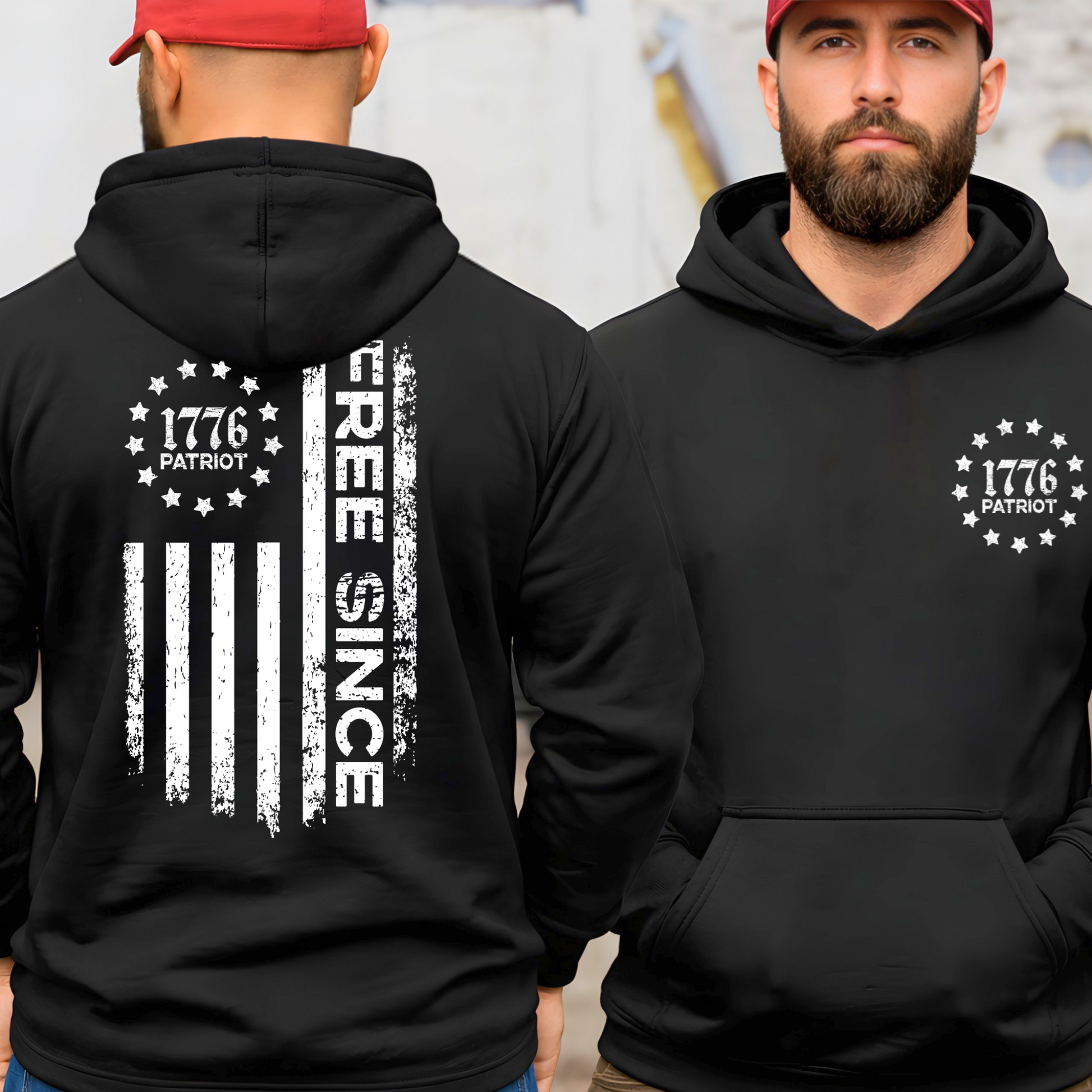 Black men’s patriotic hoodie with Free Since American flag on back and 1776 Patriot front chest print