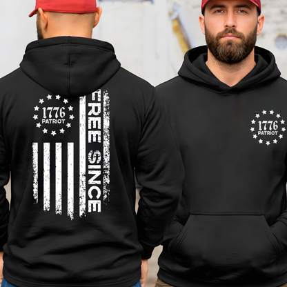 Black men’s patriotic hoodie with Free Since American flag on back and 1776 Patriot front chest print
