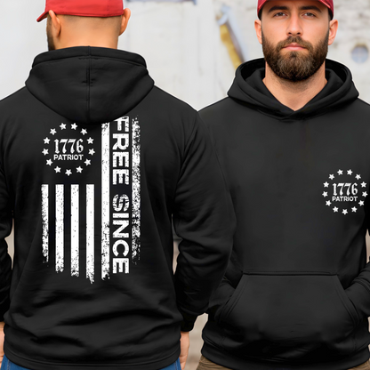 Black men’s patriotic hoodie with Free Since American flag on back and 1776 Patriot front chest print