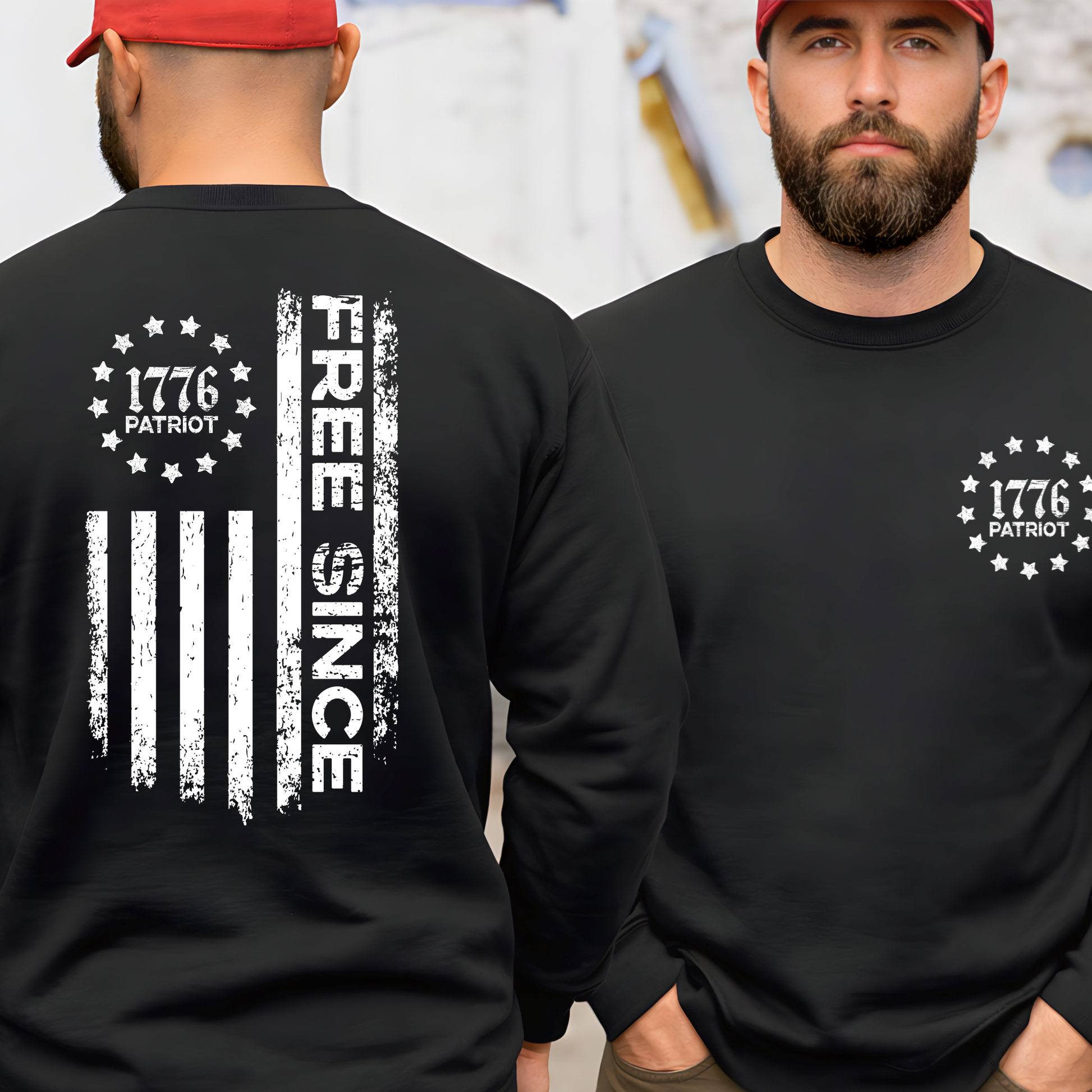 Black men’s patriotic sweatshirt showing large Free Since American flag graphic on back