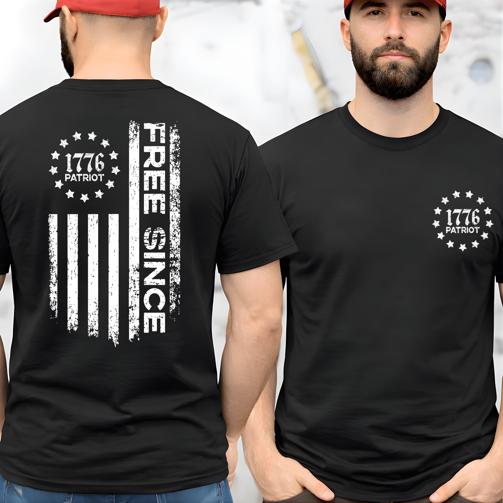 Black men’s patriotic t-shirt front and back view with 1776 Patriot emblem and Free Since flag design