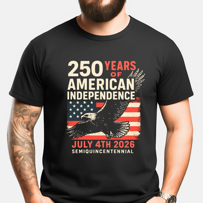 Black men’s t-shirt with 250 Years of American Independence July 4th 2026 patriotic eagle and flag design