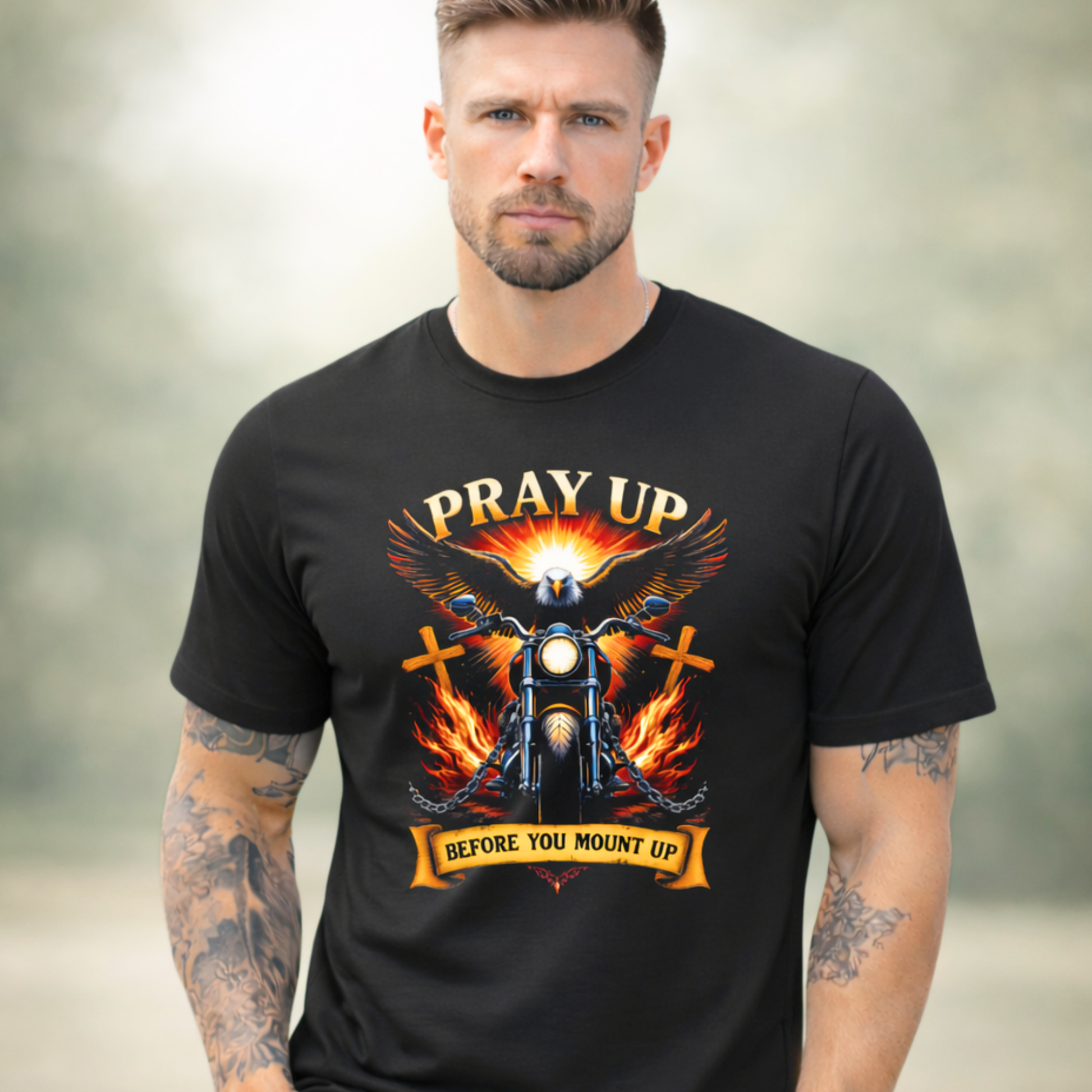 Men’s black Pray Up graphic t-shirt with eagle motorcycle design, Christian faith biker shirt, unisex patriotic apparel