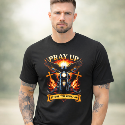 Men’s black Pray Up graphic t-shirt with eagle motorcycle design, Christian faith biker shirt, unisex patriotic apparel