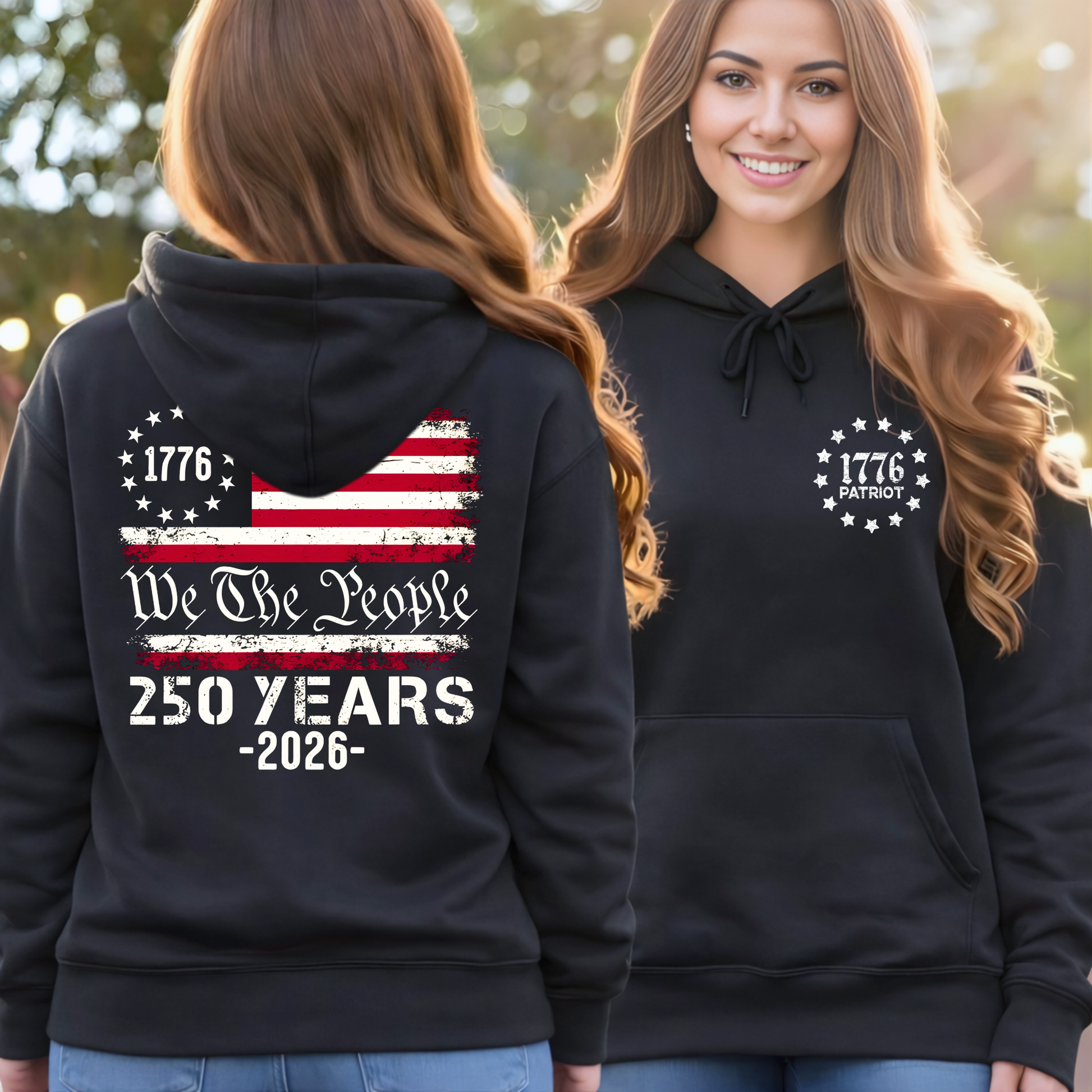 Black patriotic hoodie front and back view with We The People 250 Years 1776–2026 design