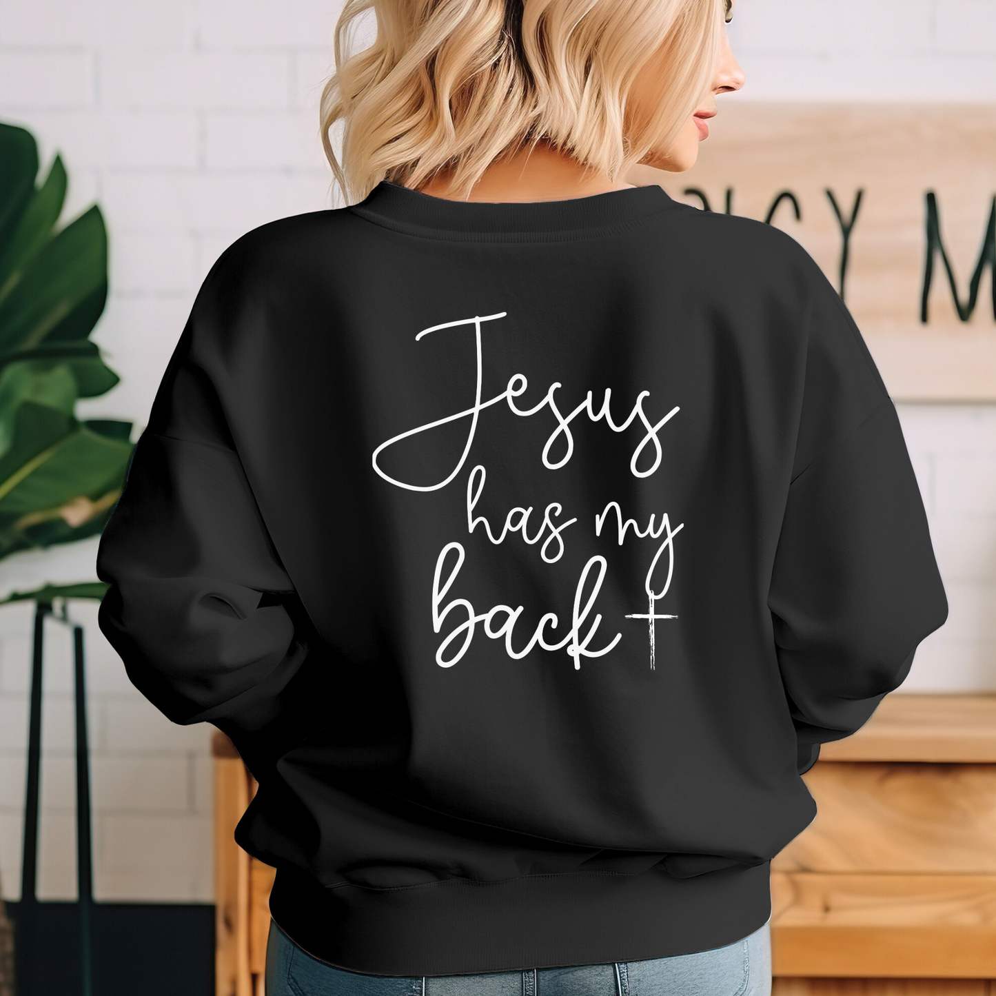 Black sweatshirt with bold inspirational back graphic
