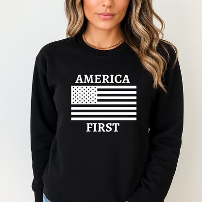 Black sweatshirt with white America First flag design
