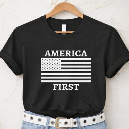 Black patriotic women's unisex t-shirt with American flag graphic on hanger – America 250 anniversary shirt.