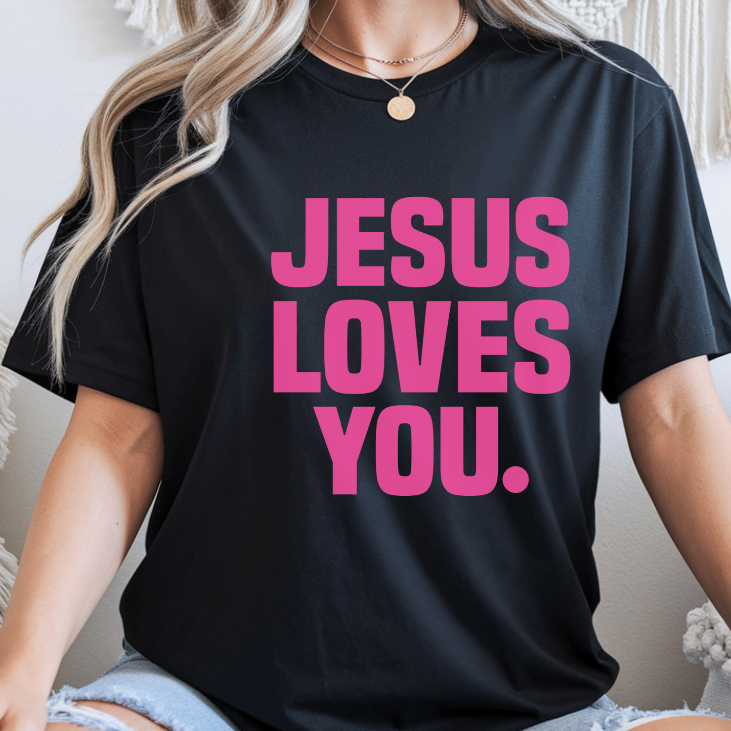Black unisex Jesus Loves You faith t-shirt lifestyle photo