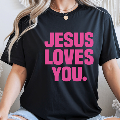 Black unisex Jesus Loves You faith t-shirt lifestyle photo