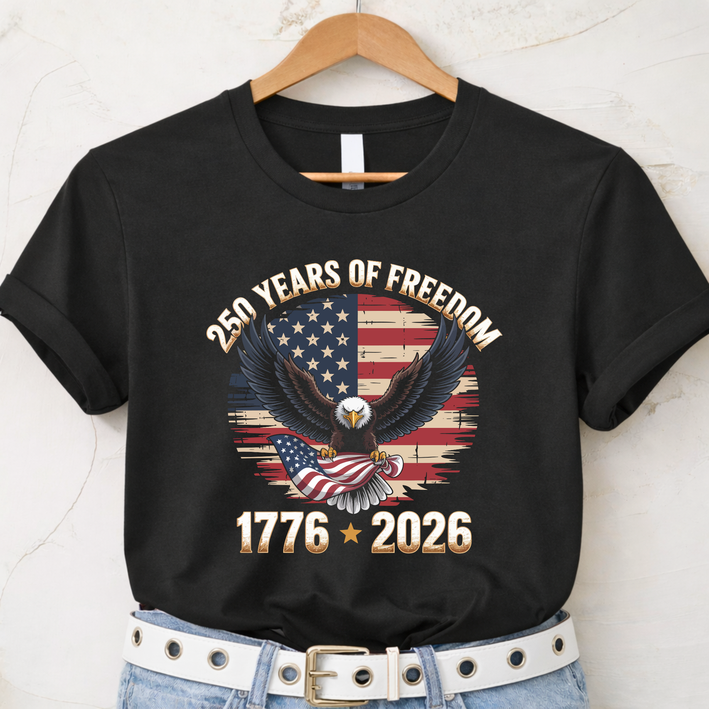 Black women’s patriotic t shirt flat lay with America 250 design