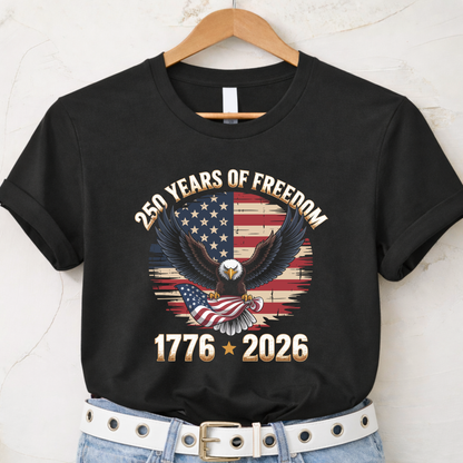 Black women’s patriotic t shirt flat lay with America 250 design