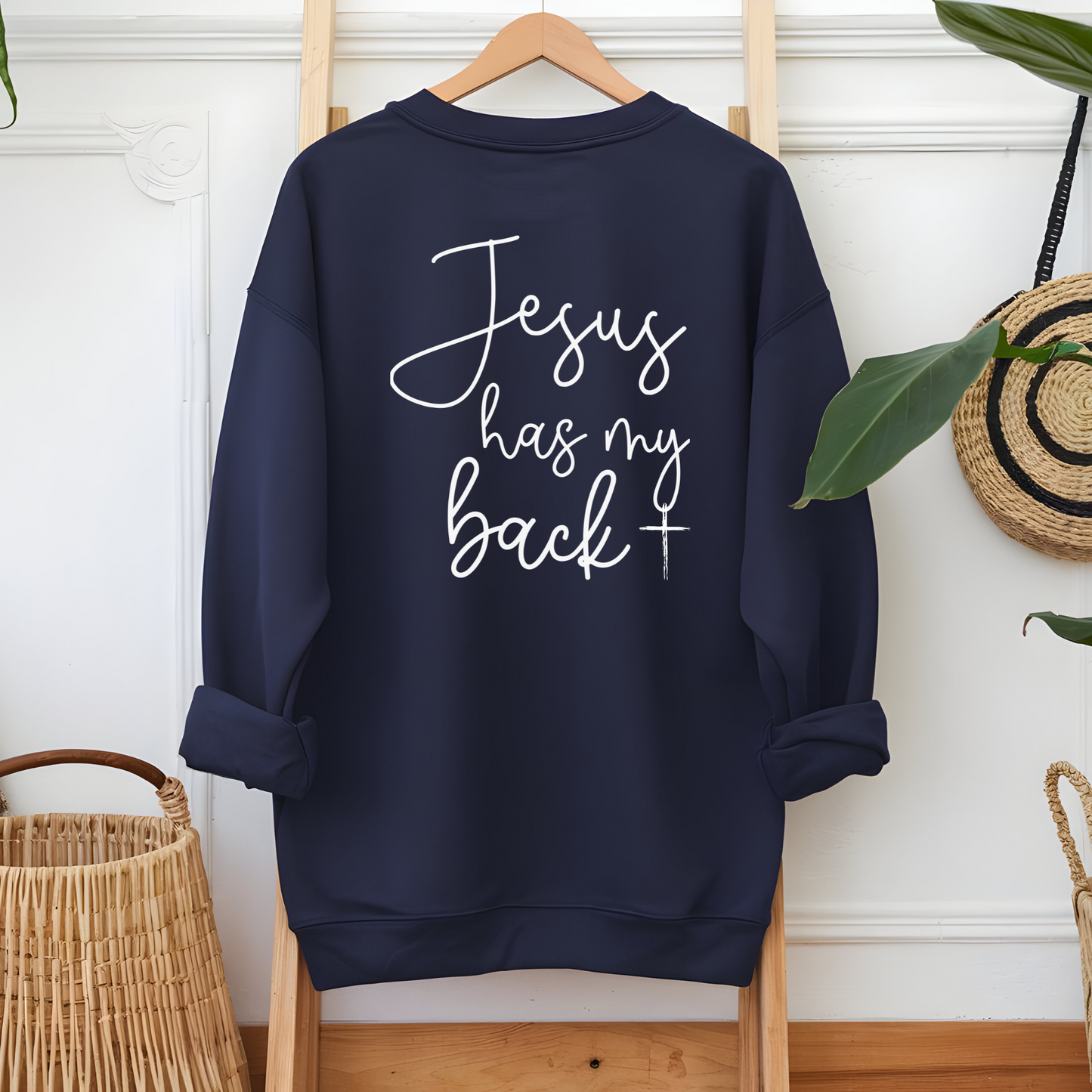 Navy sweatshirt with bold inspirational back graphic