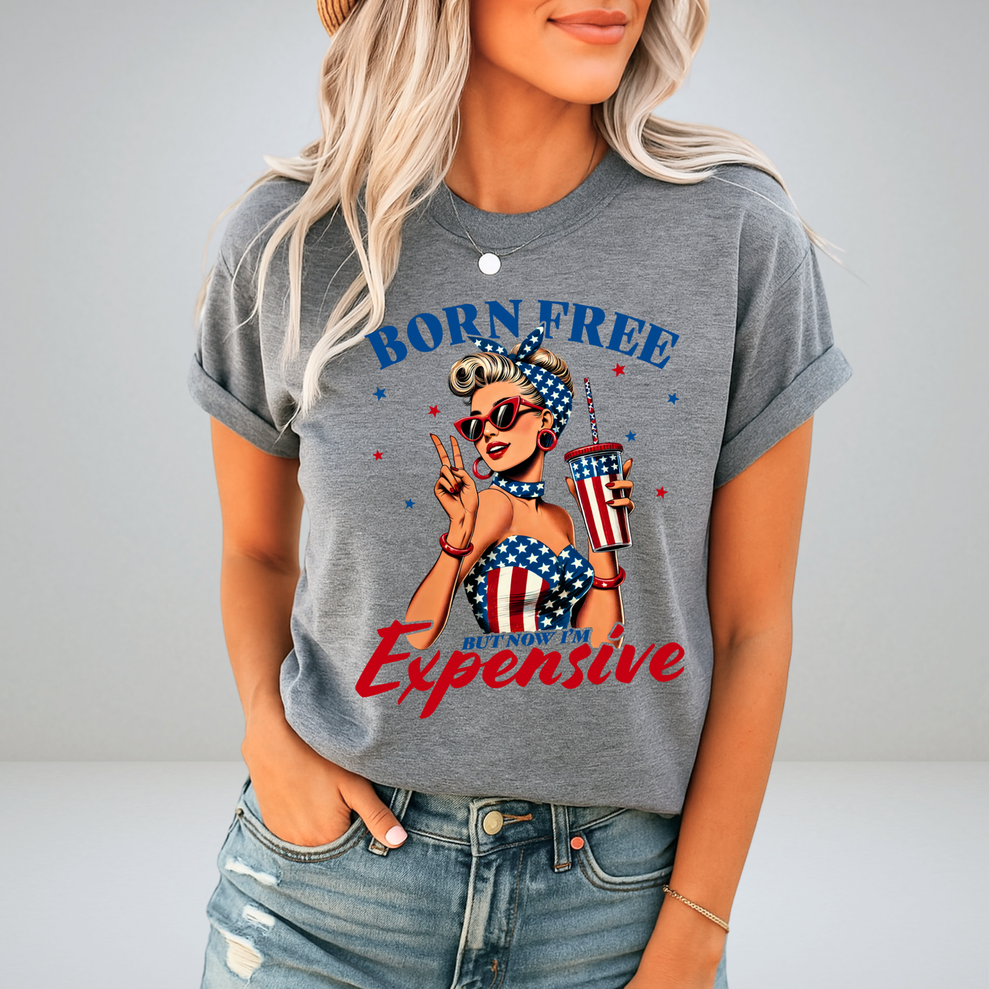 Born Free But Now I'm Expensive – USA Tee – 4th of July Retro American Girl Shirt