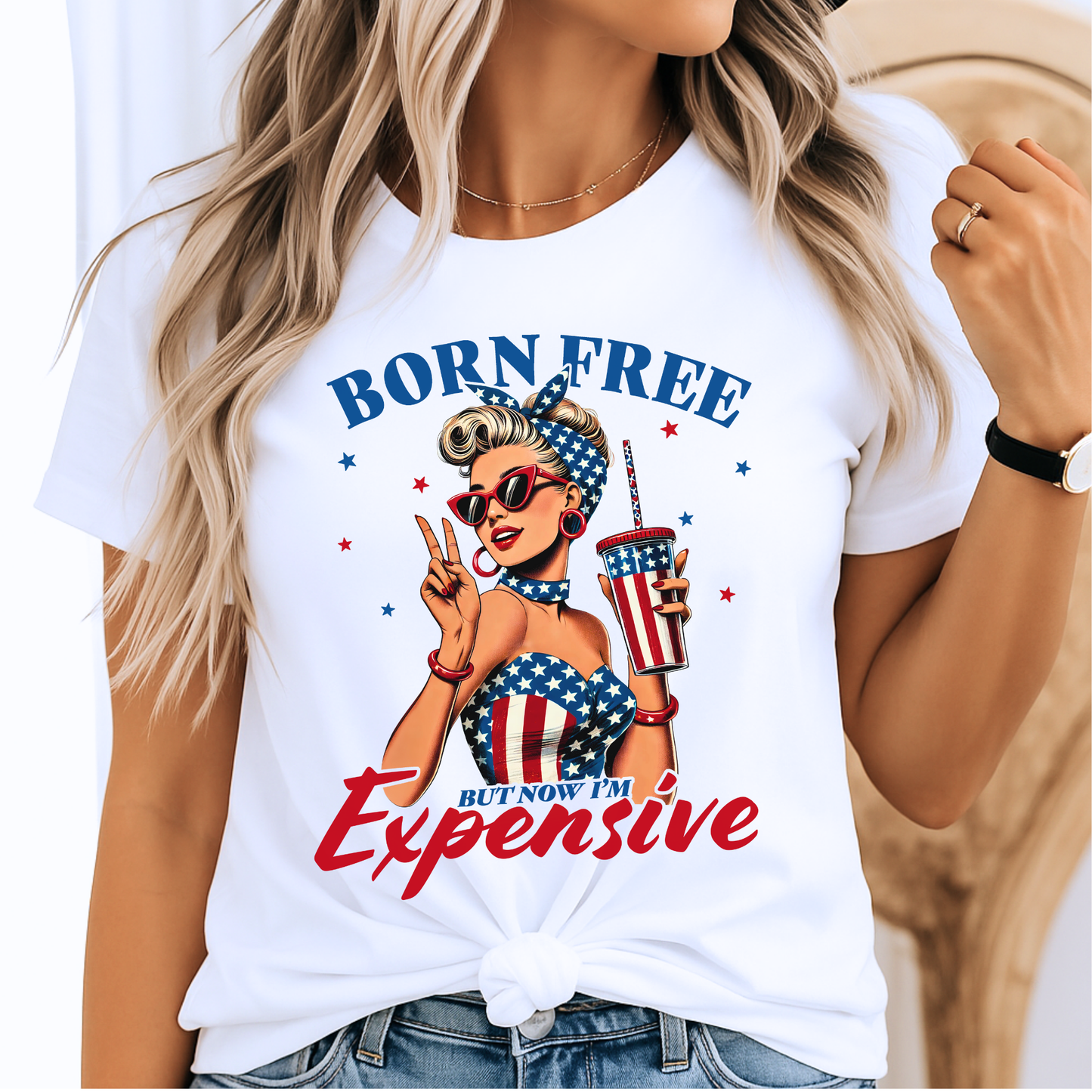 Born Free But Now I'm Expensive – USA Tee – 4th of July Retro American Girl Shirt