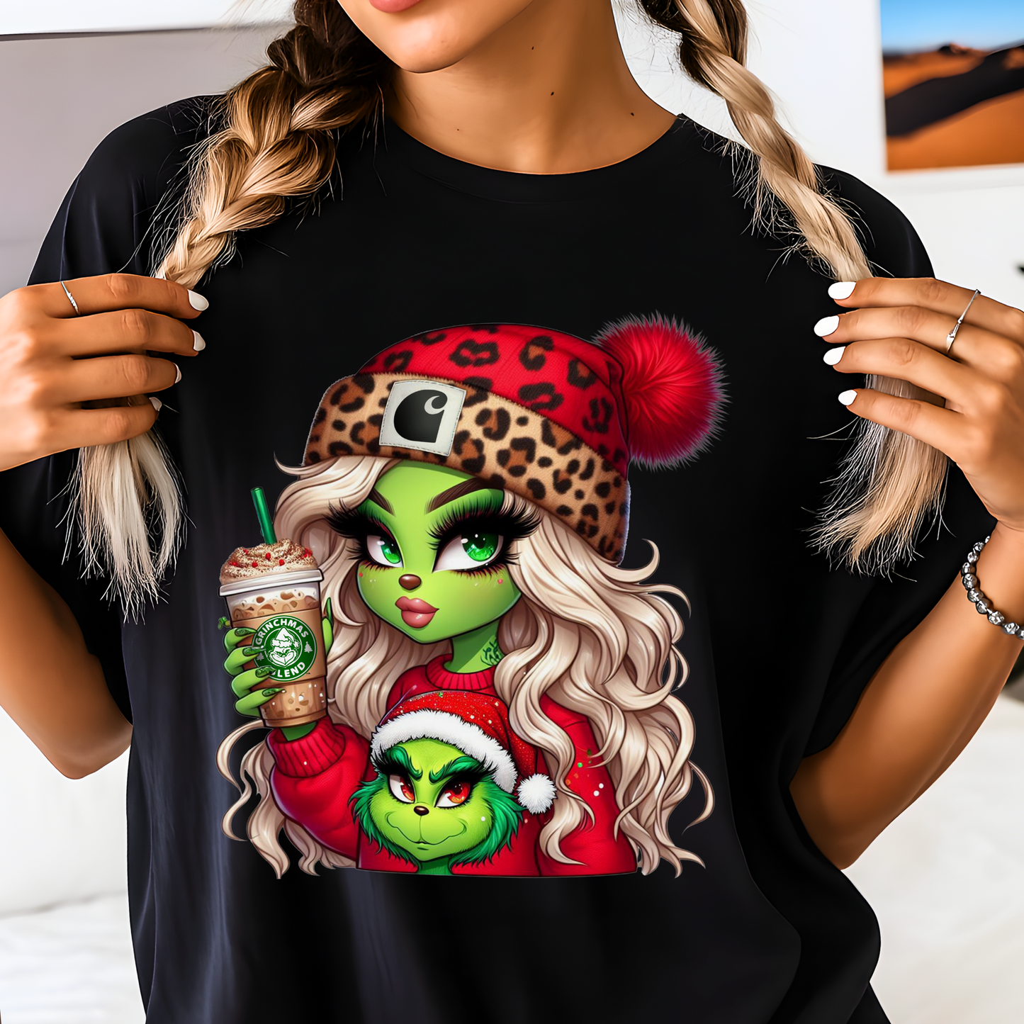 Black Christmas graphic T-shirt with Boujee Green Girl holiday design, worn by teen girl. Trendy holiday tee for casual winter outfits.
