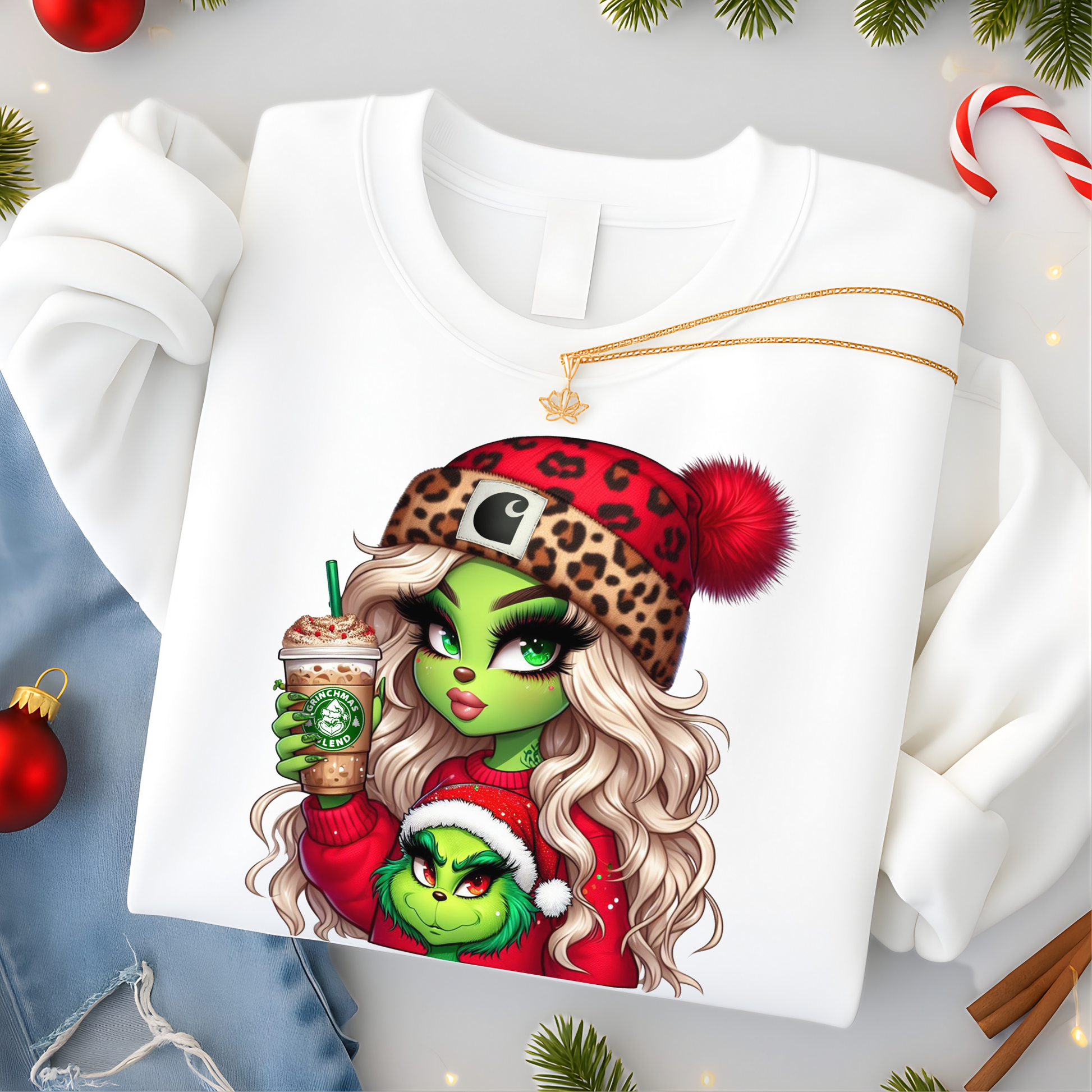White Christmas sweatshirt featuring Boujee Green Girl festive design. Flat lay holiday outfit perfect for girls and teens.