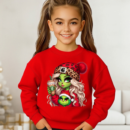 Youth red Christmas sweatshirt featuring Boujee Green Girl graphic design with holiday drink. Cozy kids Christmas pullover for girls.