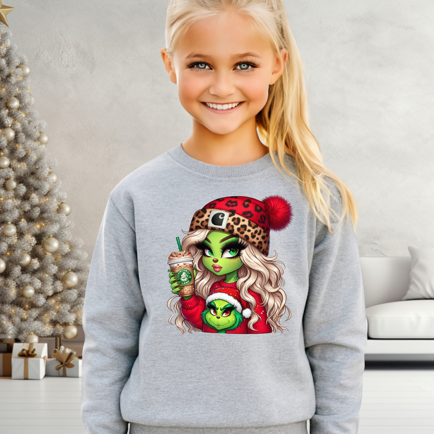Youth sports gray Christmas sweatshirt featuring Boujee Green Girl design. Cute and cozy holiday pullover for girls.
