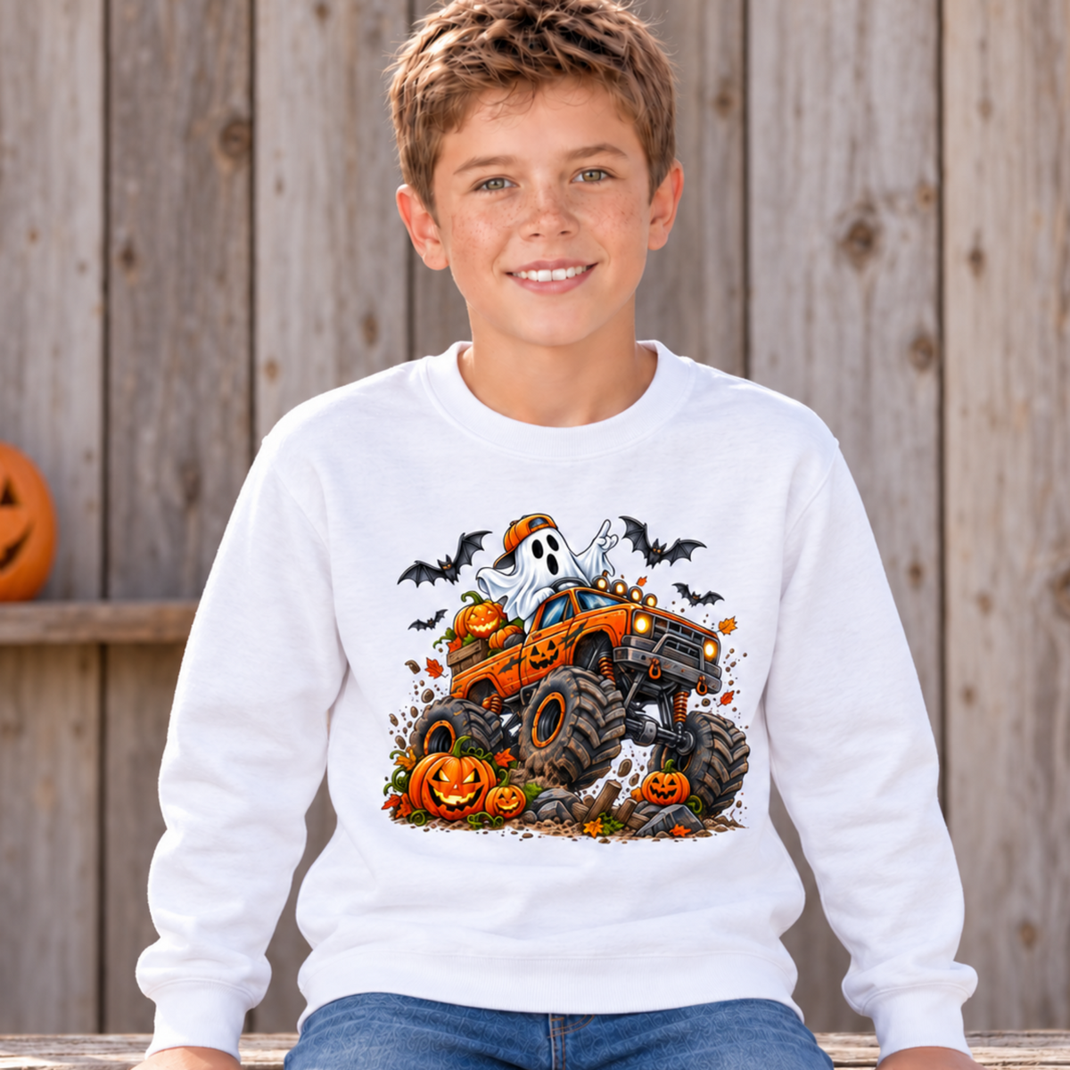 Boy wearing a white youth crewneck sweatshirt with an orange Halloween monster truck, friendly ghost, jack-o-lanterns, and bats against a simple rustic wood background.