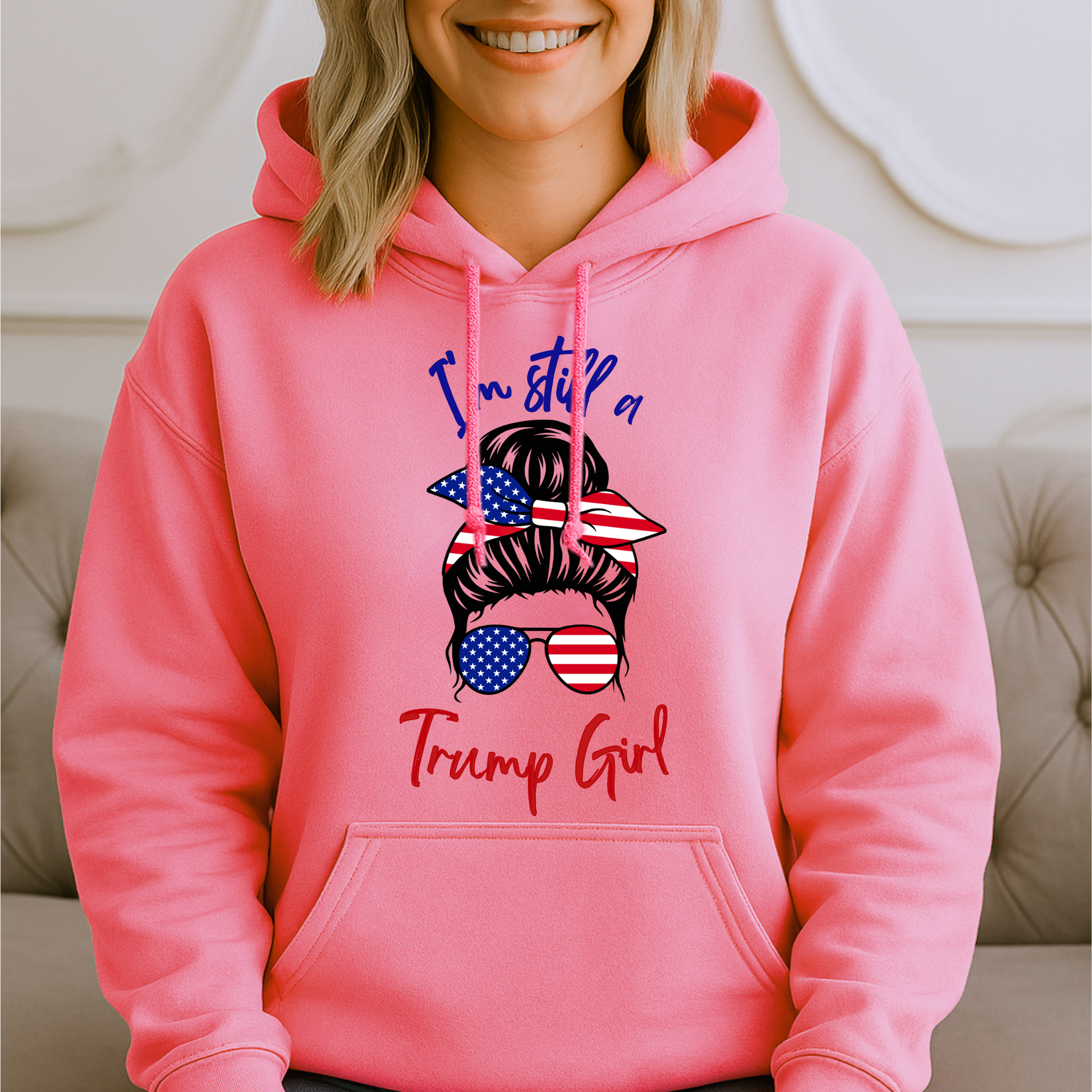 Bright Pink Patriotic women’s hoodie with red, white, and blue hair bow and sunglasses design