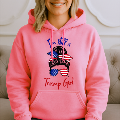 Bright Pink Patriotic women’s hoodie with red, white, and blue hair bow and sunglasses design