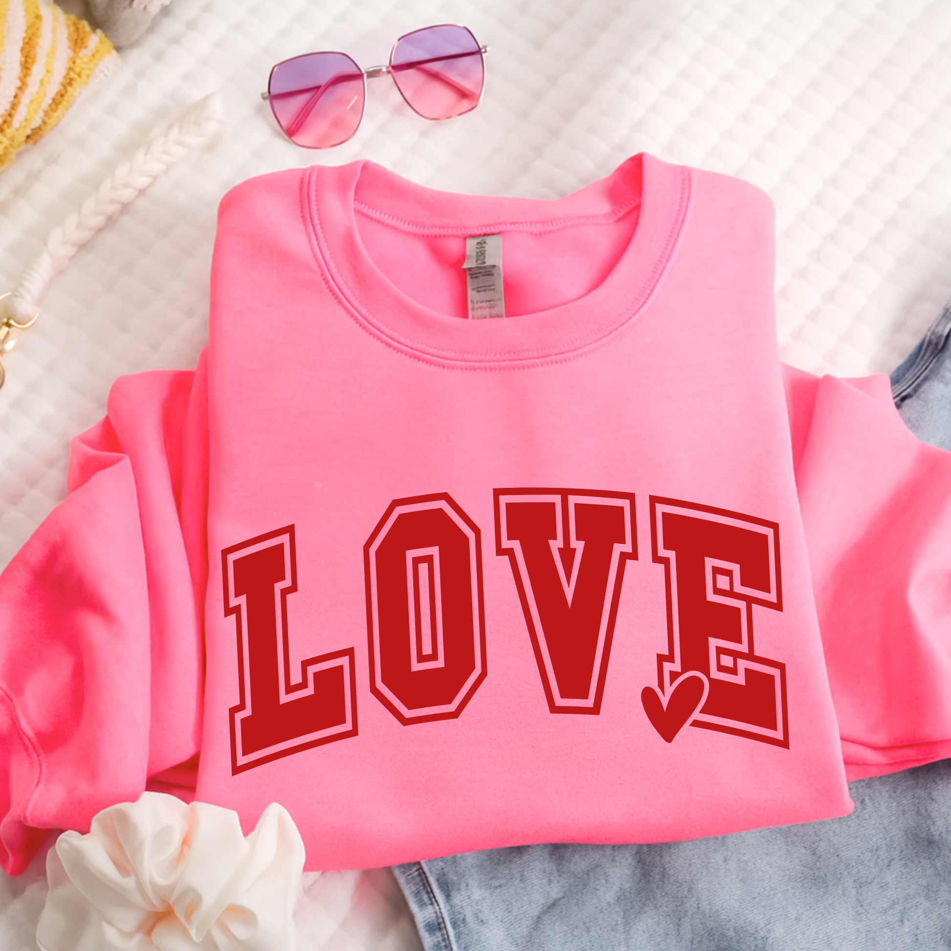 Bright Pink unisex LOVE Sweatshirt for women, cute Valentine’s top
