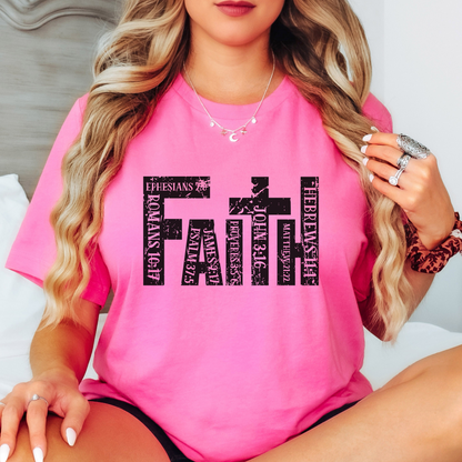 Bright pink Faith T-shirt with scripture lettering design